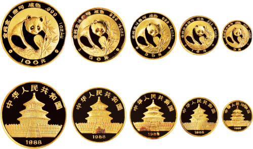 1988年中国人民银行发行熊猫纪念金币一套五枚