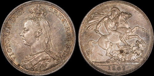 1887年英国维多利亚像马剑1克郎银币一枚，PCGS MS62
