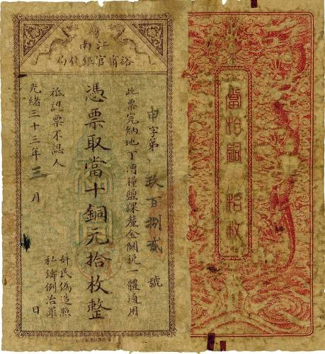 光绪三十三年（1907年）江南裕宁官银钱局当十铜元拾枚 六品