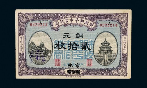 民国八年（1919年）财政部平市官钱局京兆铜元贰拾枚