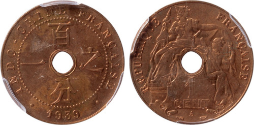 1939年越南百分之一铜币一枚,金盾PCGS MS64RB