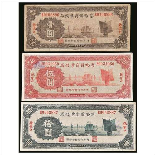 民国二十二年（1933年）察哈尔商业钱局张家口壹圆、伍圆、拾圆各一枚