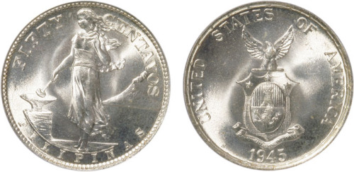 1945年美国发行菲律宾银币一组，五十分，二十分，十分各一枚，共3枚