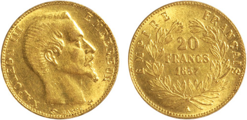1857年法国20圆金币一枚，近未使用品
