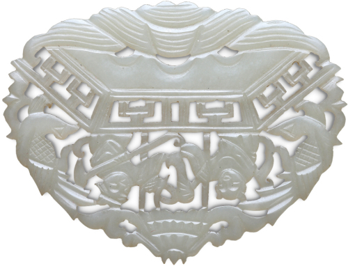 清代镂空“牛郎织牛鹊桥相会”和田玉牌一件。玉质优良，刻画生动，民国古泉大家旧藏。