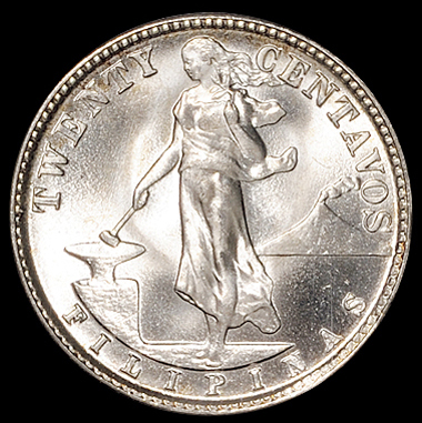 1945年美属菲律宾二十分银币一枚，PCGS MS67，目前评级记录最高分