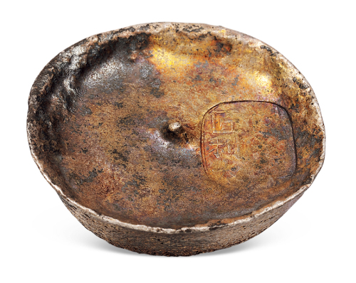 清代山西“同治年匠利太”川锭型十两圆锭一枚，重量：352.7克，五彩包浆，状态极佳