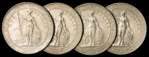 1909、1911、1930年香港“站洋”壹圆银币一组四枚，近未使用至完全未使用品