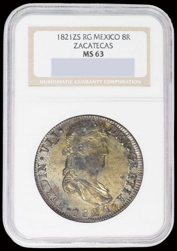 1821年墨西哥“双柱”8R银币一枚，NGC MS63