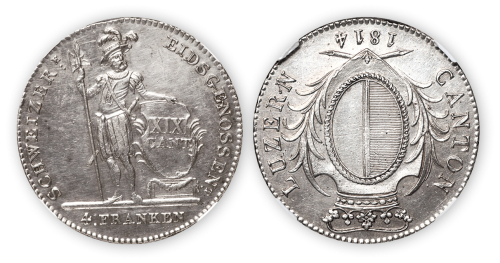 1814年瑞士年卢塞恩4法郎银币一枚，NGC XF Details