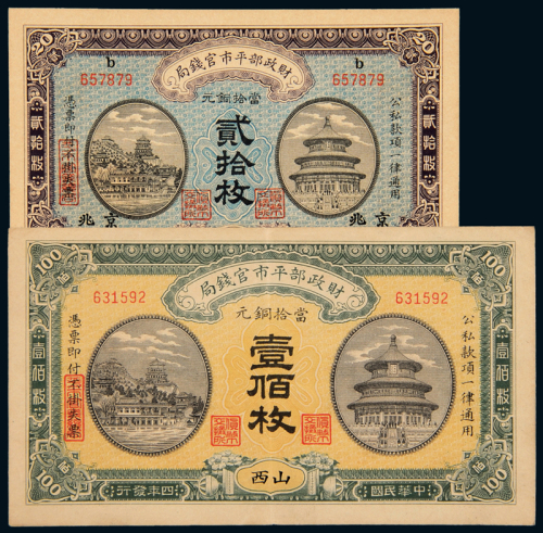 4年平市官钱局铜元券2枚