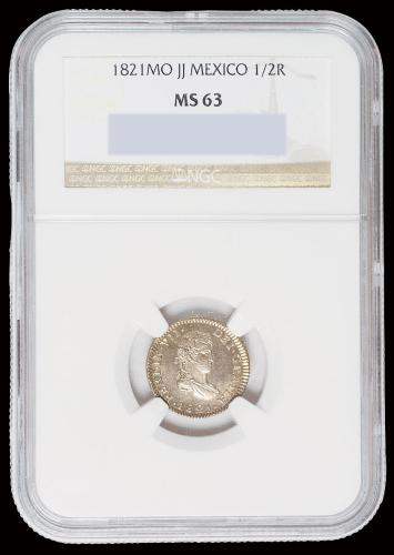 1812年墨西哥“小双柱”1/2R银币一枚，NGC MS63
