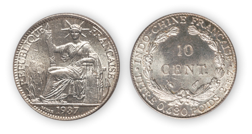 1937年法属印度支那“坐洋”拾分银币一枚,PCGS MS64