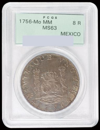 1756年墨西哥“双柱地球图”8R银币一枚，PCGS MS63