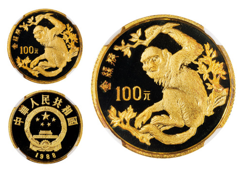 1988年中国珍稀野生动物纪念币（第一组）“金丝猴”纪念金币一枚，精制，面值100元，重量8克，成色91.6%，发行量30000枚，NGC PF68