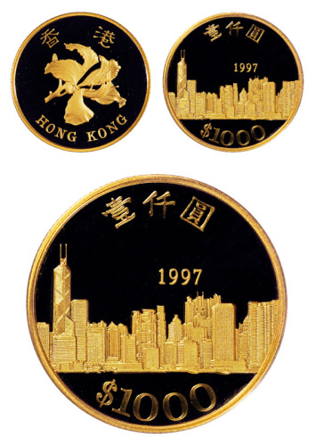 1997年香港回归纪念金币一枚，精制，面值港币1000元，重量15.976克，成色91.6%，附原盒及证书