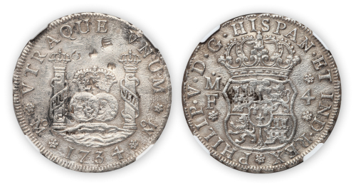 1734年墨西哥双球双柱4R银币一枚，NGC AU Details