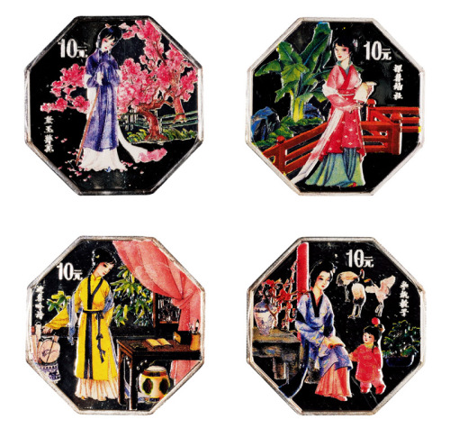 2000年中国古典文学名著《红楼梦》1盎司彩色银币全套四枚，精制，面值均为10元，成色99.9%，限量发行38000枚，附原盒及证书