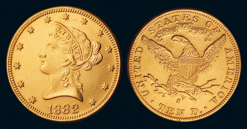 1882年美国胜利女神1/2盎司金币一枚，重量：16.59克， 完全未使用品
