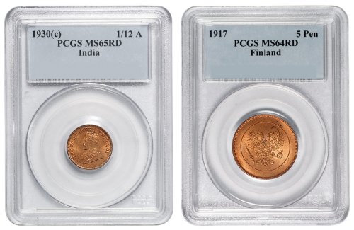 1917年芬兰5 Pennia铜币、1930年印度1/12A铜币各一枚