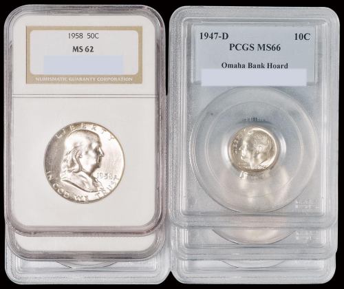 1947年美国罗斯福像10美分硬币二枚，PCGSMS66、NGC MS65；1953、1959、1964年华盛顿像25美分硬币各一枚，PCGS MS65、MS64、PR64；1958年50美分银币一枚