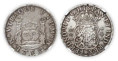 1755年墨西哥双球双柱4R银币一枚，NGC VF35