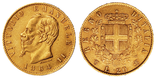 1864年意大利二十里拉金币一枚，完全未使用品