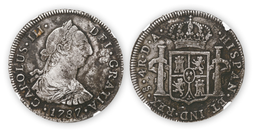 1787年西班牙卡洛斯三世4R双柱银币一枚，NGC VF Details