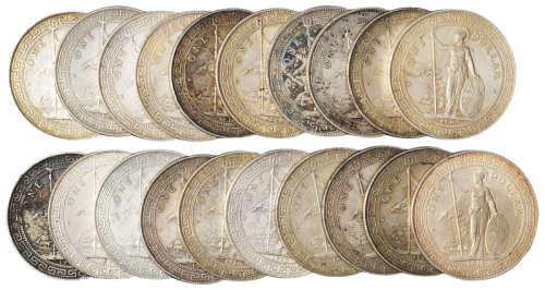 1900、1903、1908、1909、1910、1911、1912、1929、1930年香港“站人”壹圆银币二十枚，近未使用至完全未使用品