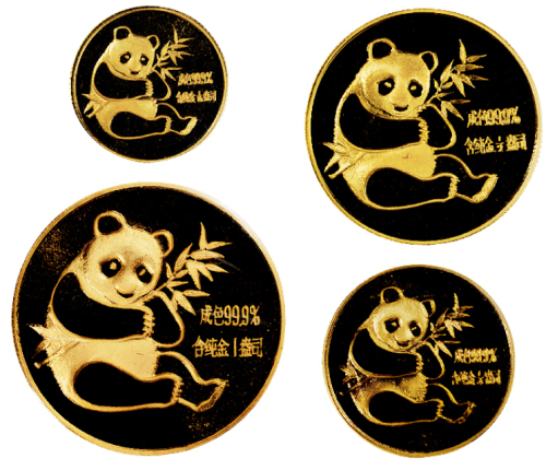 1982年熊猫纪念金币全套四枚，均为普制，无面值，重量分别为1/10盎司、1/4盎司、1/2盎司、1盎司，成色均为99.9%，无证书