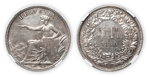 1850年瑞士海尔维蒂女神像五法郎银币一枚，NGC XF Details