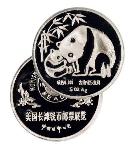 1987年美国长滩钱币邮票展览纪念银章一枚，精制，无面值，重量5盎司，成色99.9%，发行量2000枚，NGC PF69UC