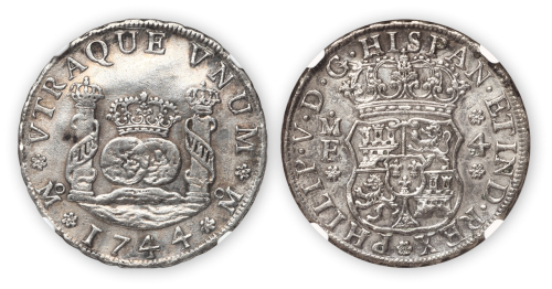 1744年墨西哥双球双柱4R银币一枚，NGC AU Details
