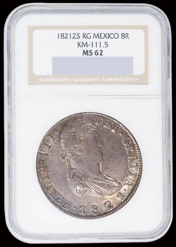 1821年墨西哥“双柱”8R银币一枚，原味包浆，NGC MS62