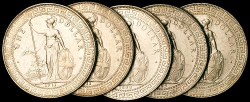 1893、1899、1911、1929年香港“站人”壹圆银币五枚，近未使用品