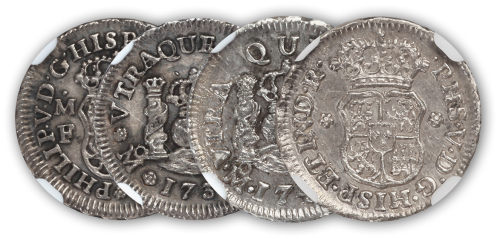 1734、1746年墨西哥双球双柱1/2R银币各一枚，NGC AU Details
