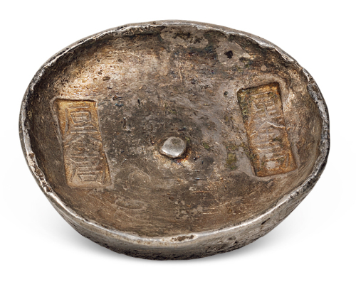 清代四川“厘金局”双戳十两圆锭一枚，重量：366.3克，原包浆，品相极美