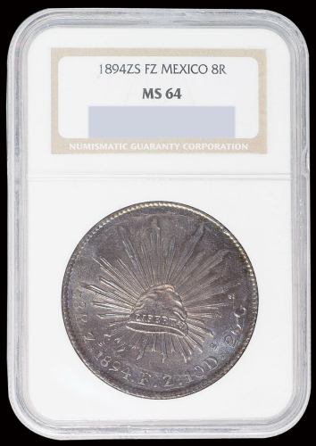1894年墨西哥“鹰洋”壹圆银币一枚，五彩包浆，NGC MS64