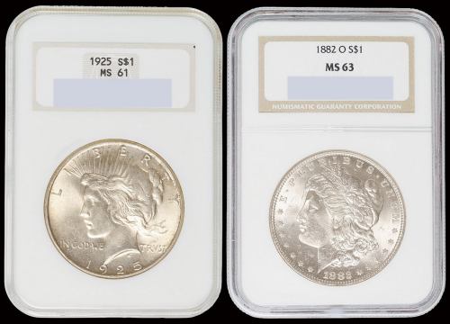 1882美国摩根1元银币一枚，NGC MS63；1925美国和平1元银币一枚，NGC MS61