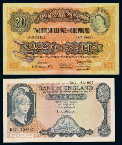 1956年英属东非纸币一磅一枚；英国银行纸币五磅一枚，八成至八五成新