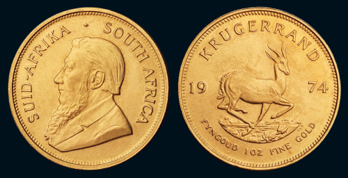 1975年南非一盎司金币一枚，重量：33.98克，完全未使用品