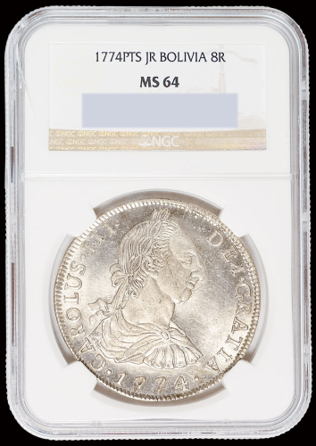 1774年玻利维亚卡洛斯像“双柱”8R银币一枚，完美银光，NGC MS64