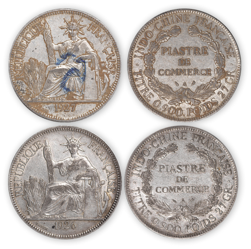 1926、1927年法属安南“坐洋”壹圆银币各一枚,极美品