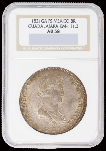1821年墨西哥“双柱”8R银币一枚，NGC AU58
