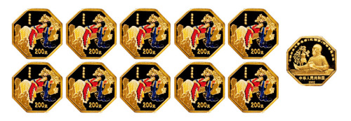 2002年中国古典文学名著《红楼梦》纪念币第二组金币十枚，精制，面值200元，重量1/2盎司，成色99.9%，均附原盒及证书，证书编号十枚连号