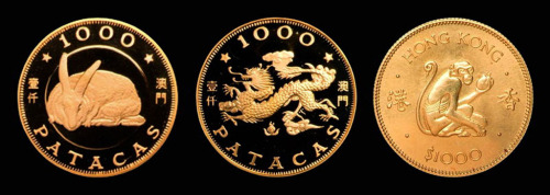 1980年香港猴年1/2盎司生肖金币、1987年澳门羊年1/2盎司生肖金币、1988年澳门龙年1/2盎司生肖金币各一枚，共计三枚  完未流通