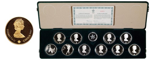 1987年加拿大冬季奥运会金币100加元一枚，银币20加元十枚