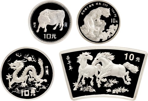 1985、1988、1998、2002年中国人民银行发行生肖银币一组四枚