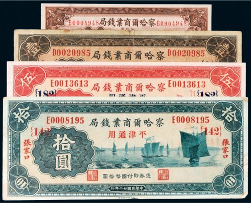 民国察哈尔商业钱局张家口纸币一组四枚