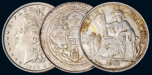 外国壹圆银币一组三枚，1896年美国鹰洋、1900年英国站洋、1901年法国座洋各一枚